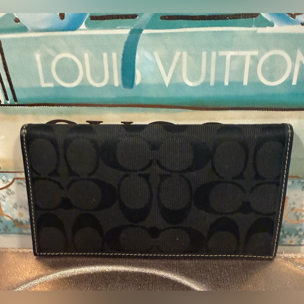 Black monogrammed canvas Coach wallet with black leather interior and pen holder - Picture 2 of 4